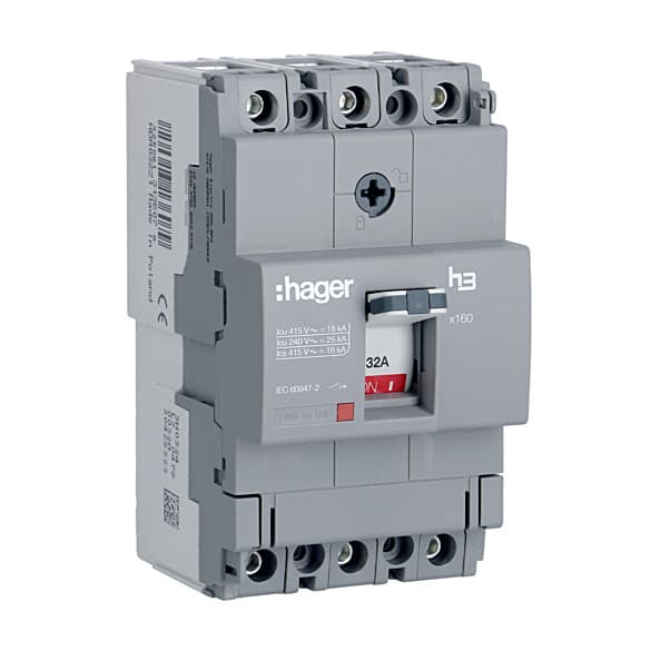 Hager Novello+ 32 Amp MCCBs Thermal Magnetic Release - X160 (3 Pole & 18 kA), HDA032Z