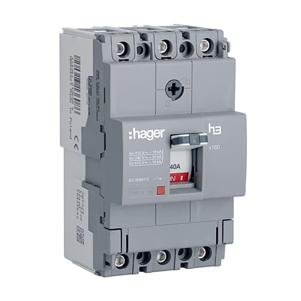 Hager Novello+ 40 Amp MCCBs Thermal Magnetic Release - X160 (3 Pole & 18 kA), HDA040Z