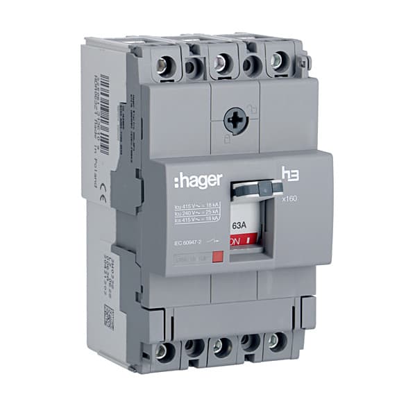 Hager Novello+ 63 Amp MCCBs Thermal Magnetic Release - X160 (3 Pole & 18 kA), HDA063Z