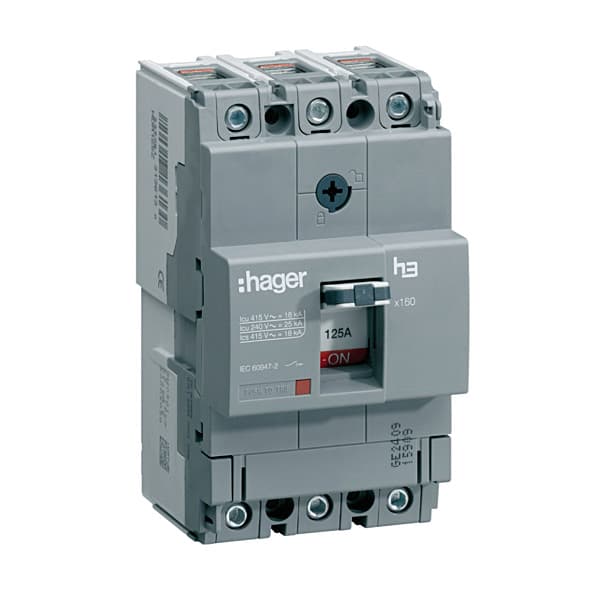 Hager Novello+ 125 Amp MCCBs Thermal Magnetic Release - X160 (3 Pole & 18 kA), HDA125Z