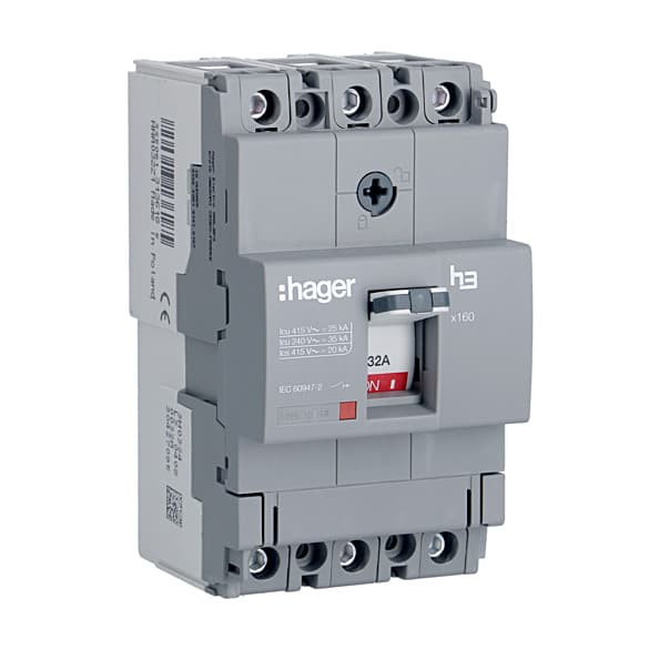 Hager Novello+ 32 Amp MCCBs Thermal Magnetic Release - X160 (3 Pole & 25 kA), HHA032Z