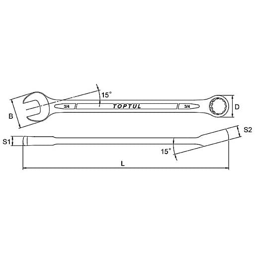 Toptul 1/4 Inch 15° Offset Long Combination Wrench (Satin Chrome Finished), ACEA0808
