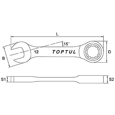 Toptul 15 mm Stubby Non - Reversible Ratchet Combination Wrench (72 Teeth Ratchet Mechanism), AOAB1515 — view 2