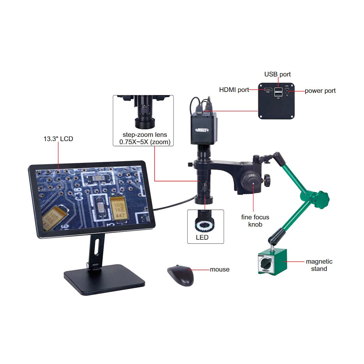 Insize 20 - 123X Flexible Arm Auto Focus Digital Microscope with Magnetic Stand, 5317-AF109 — view 2