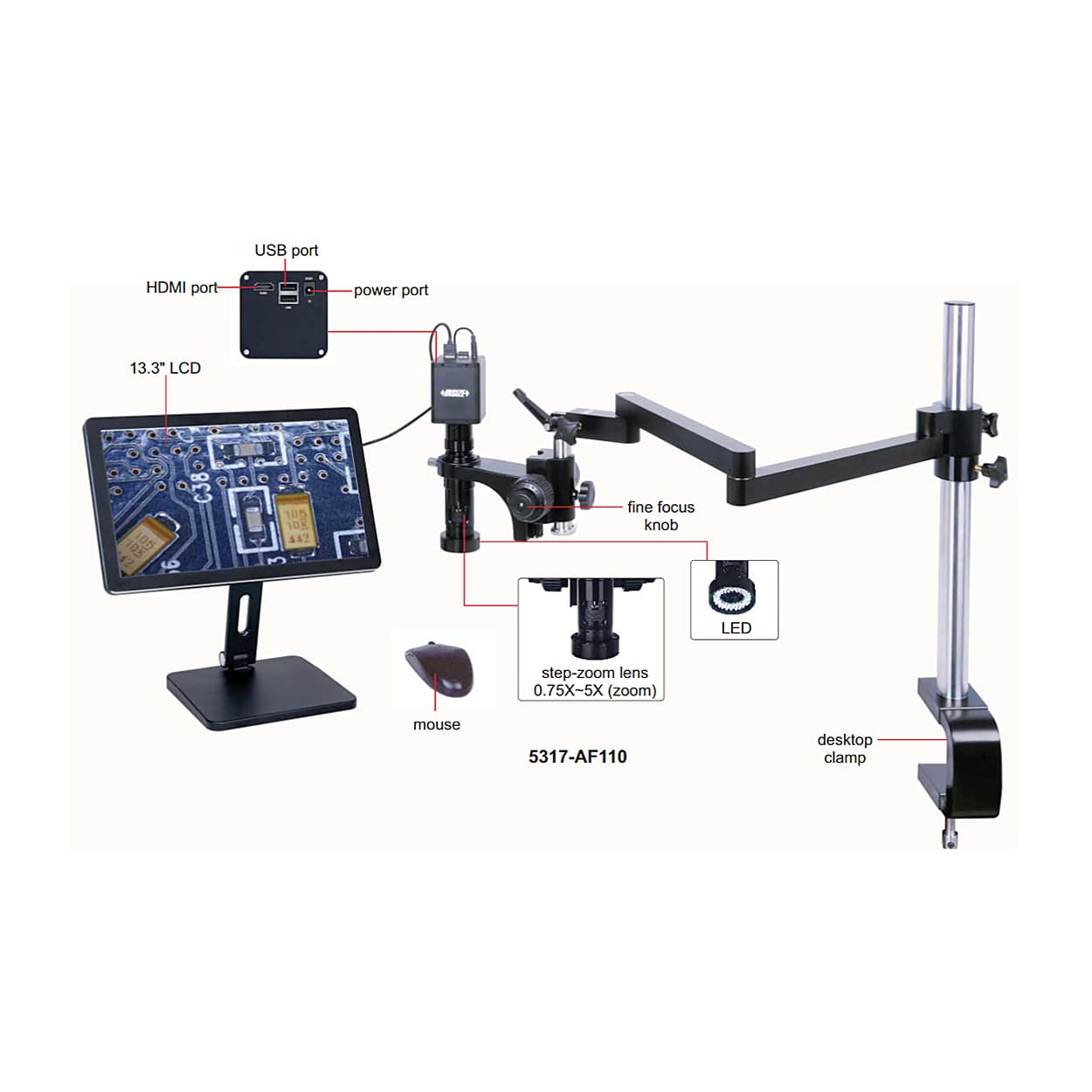 Insize 20 - 123X Flexible Arm Auto Focus Digital Microscope with Magnetic Stand, 5317-AF110 — view 2