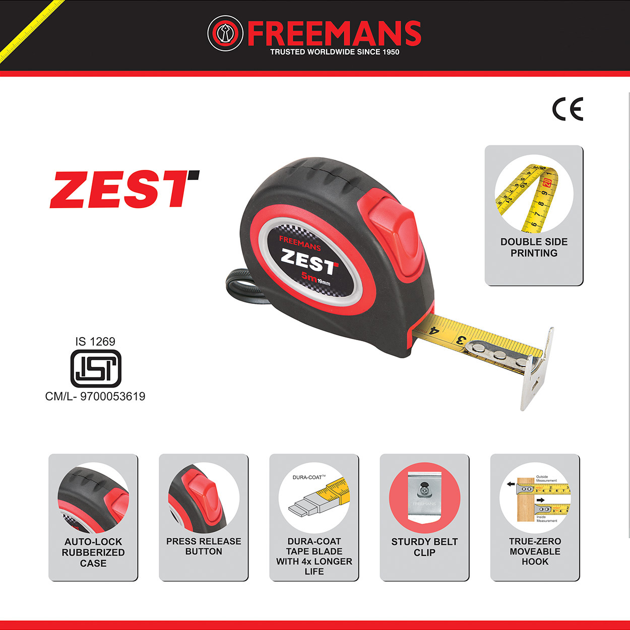 Freemans 5Mtr x 19mm Zest Steel Tape With Belt Clip, ZT519