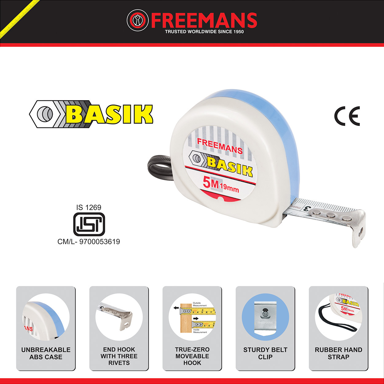 Freemans 3Mtr x 13mm Basik Steel Tape With Belt Clip, BKC313