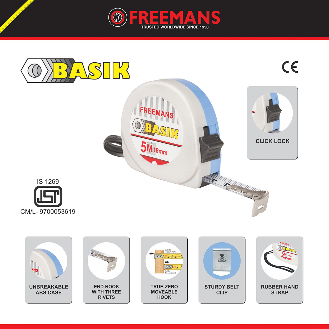 Freemans 5Mtr x 19mm Basik Steel Tape With Belt Clip & Lock, BKL519 — view 2