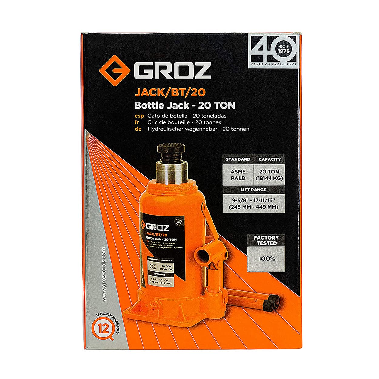 Groz 20 Ton Capacity Hydraulic Bottle Jack With Load Limiting Device, JACK/BT/20W — view 3