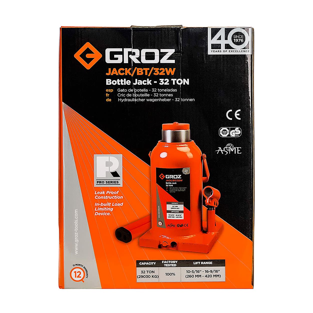 Groz 32 Ton Capacity Hydraulic Bottle Jack With Load Limiting Device, JACK/BT/32W — view 3