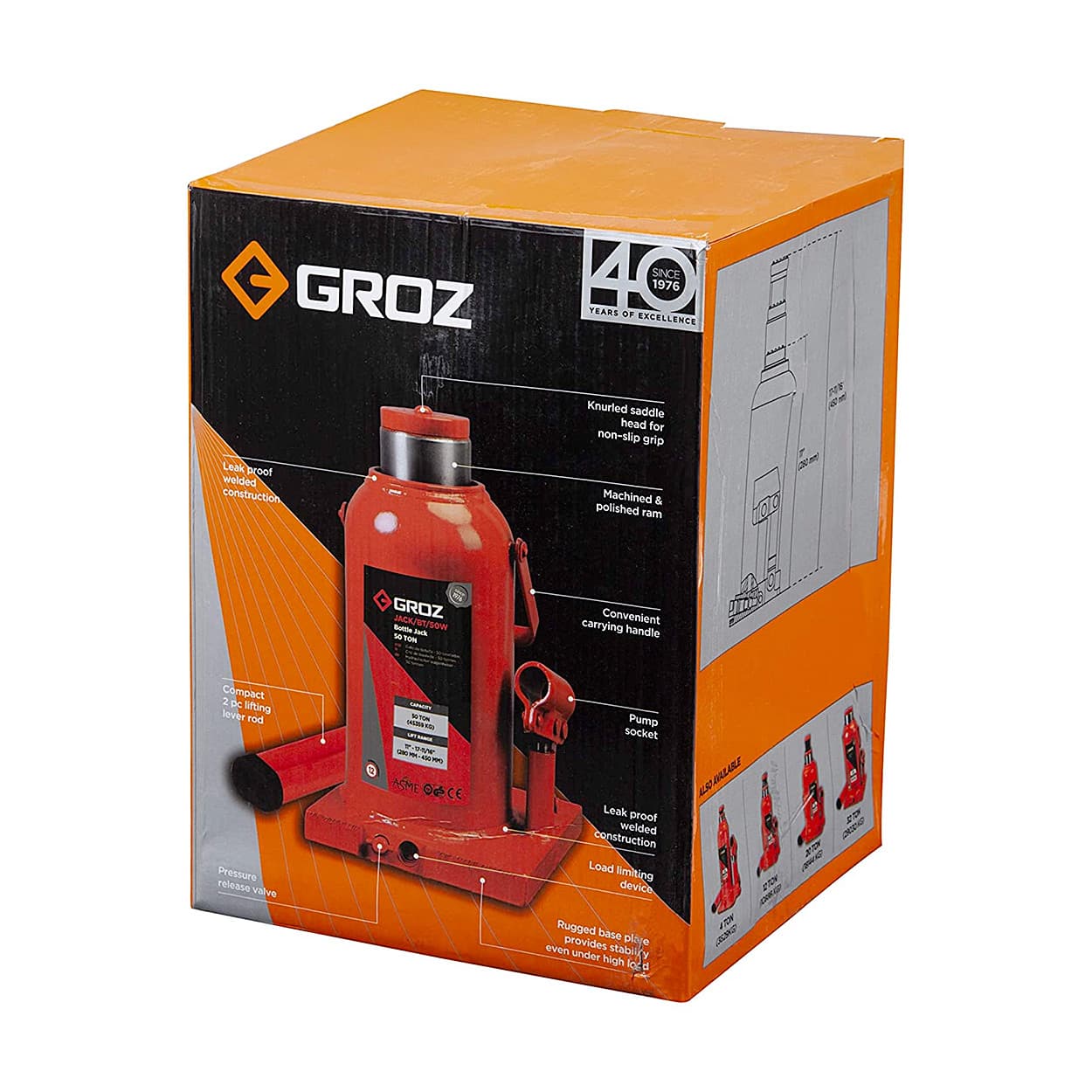 Groz 50 Ton Capacity Hydraulic Bottle Jack With Load Limiting Device, JACK/BT/50W