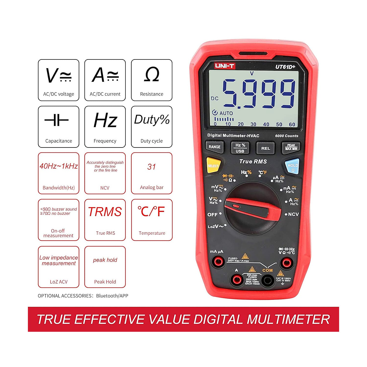UNI-T 6000 Count True-RMS Digital Multimeter (HVAC), UT61D+ — view 2