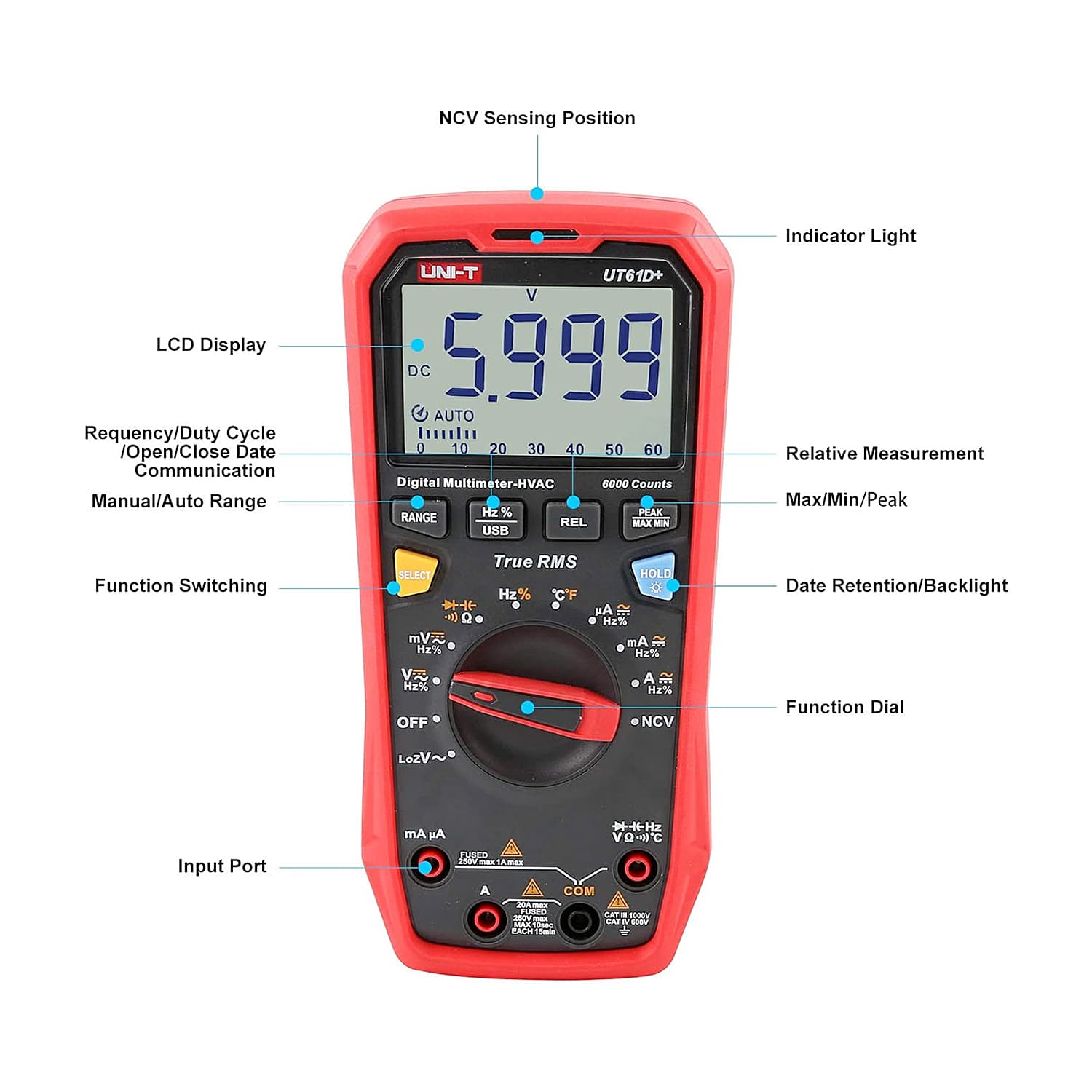 UNI-T 6000 Count True-RMS Digital Multimeter (HVAC), UT61D+ — view 4