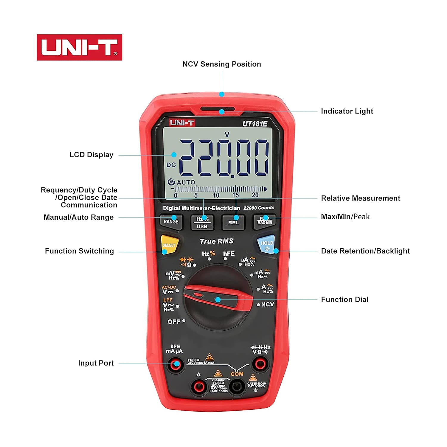 UNI-T 22000 Count True-RMS Electrician Digital Multimeter, UT161E — view 4
