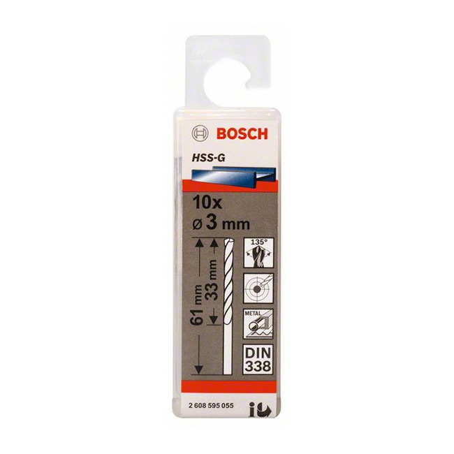 Bosch 3.00 x 61 mm HSS Metal Drill Bits (Pack of 10 Pcs), 2 608 595 055