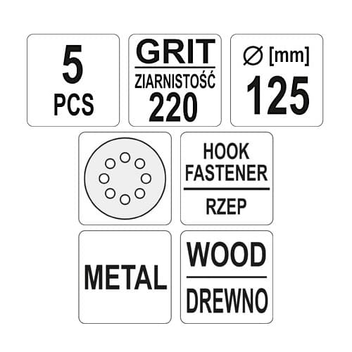 Yato 125 mm / 220 Grit 8 Holes Velcro Abrasive Disc (Pack of 5 Pcs), YT-83458 — view 2