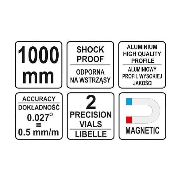 Yato 100 cm / 2 Vials Aluminium Levels With Magnetic Base, YT-30063