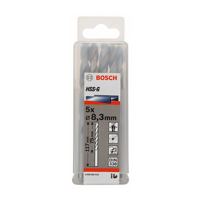 Bosch 8.30 x 117 mm HSS Metal Drill Bits (Pack of 5 Pcs), 2 608 585 510