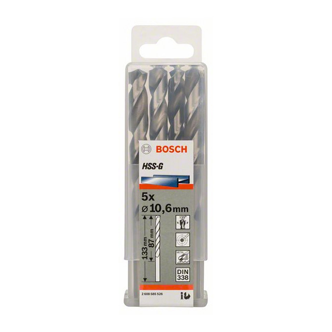 Bosch 10.60 x 133 mm HSS Metal Drill Bits (Pack of 5 Pcs), 2 608 585 526