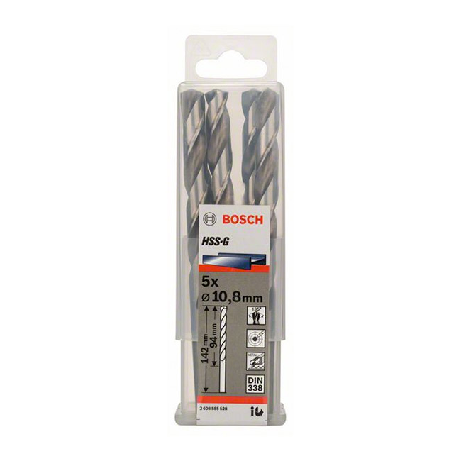 Bosch 10.80 x 142 mm HSS Metal Drill Bits (Pack of 5 Pcs), 2 608 585 528