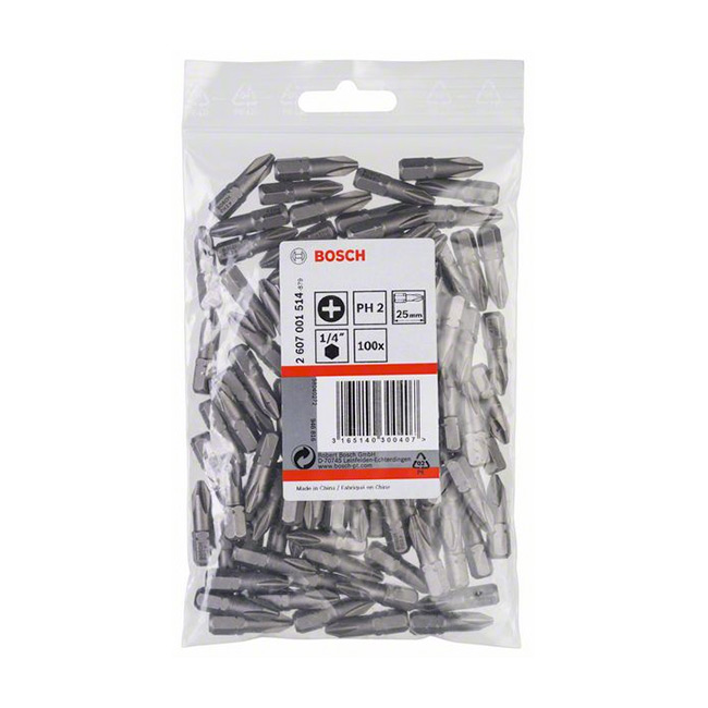 Bosch PH2 x 25 mm Length Phillips Extra Hard Screwdriver Bits (Pack of 100 Pcs), 2 607 001 514