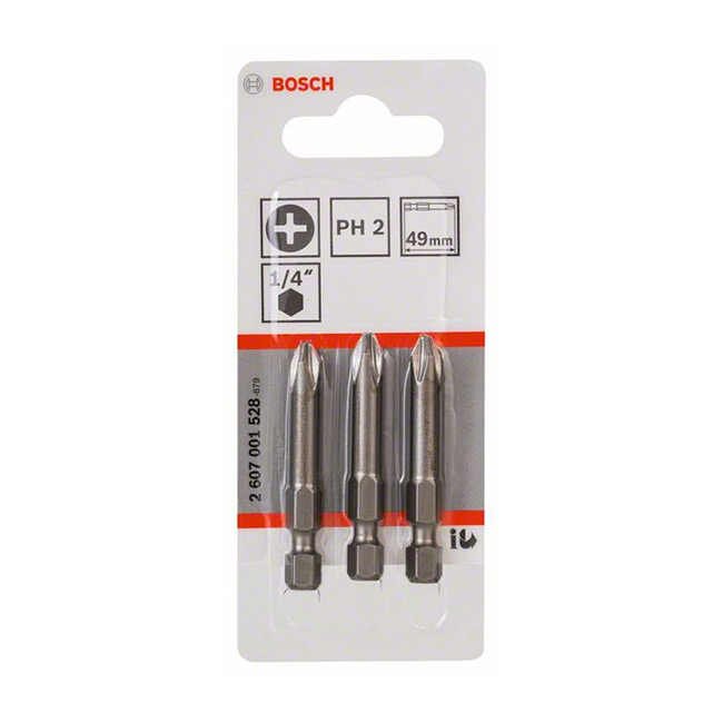 Bosch PH2 x 49 mm Length Phillips Extra Hard Screwdriver Bits (Pack of 3 Pcs), 2 607 001 528