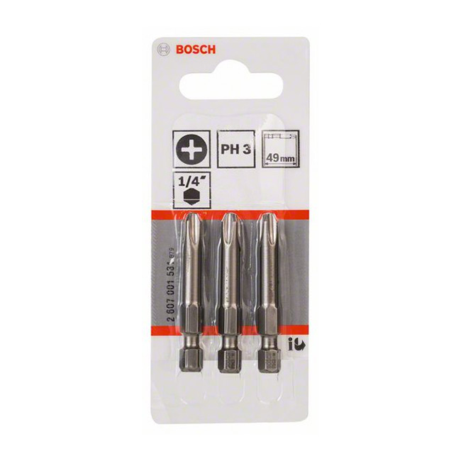 Bosch PH3 x 49 mm Length Phillips Extra Hard Screwdriver Bits (Pack of 3 Pcs), 2 607 001 531