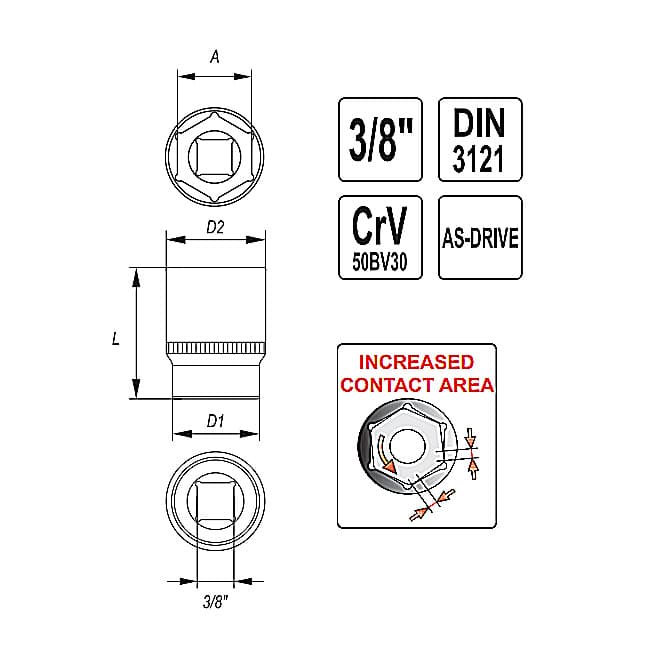 Yato 9 mm, 3/8 Inch Sq. Drive Hexagonal Socket (6 Point), YT-3804 — view 2