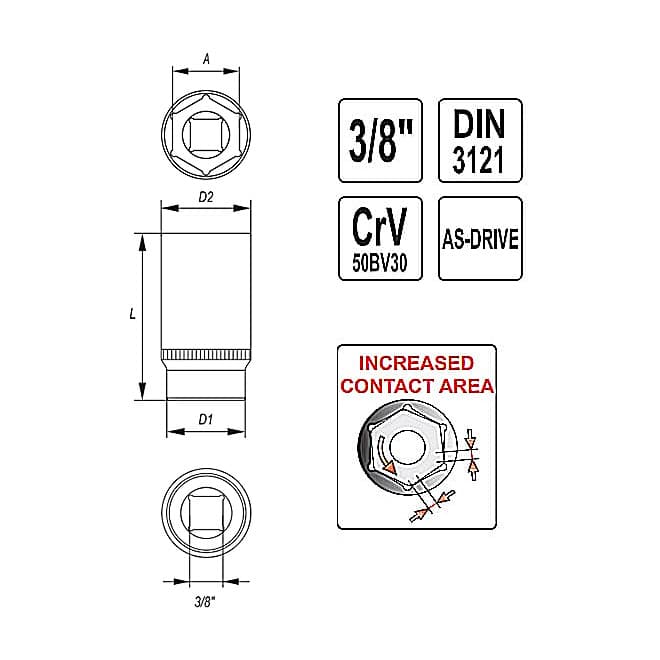 Yato 6 mm, 3/8 Inch Sq. Drive Hexagonal Deep Socket (6 Point), YT-3820