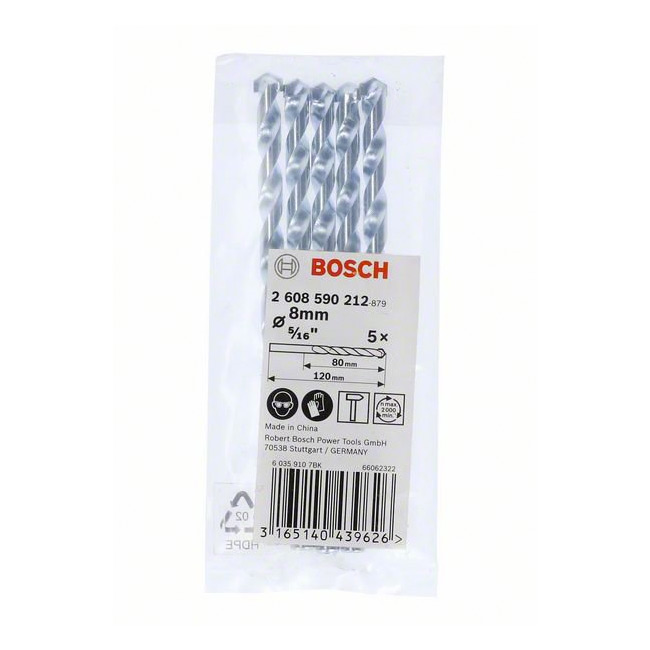 Bosch 8.00 x 120 mm CYL - 1 Masonry Drill Bit (Pack of 5 Pcs), 2 608 590 212