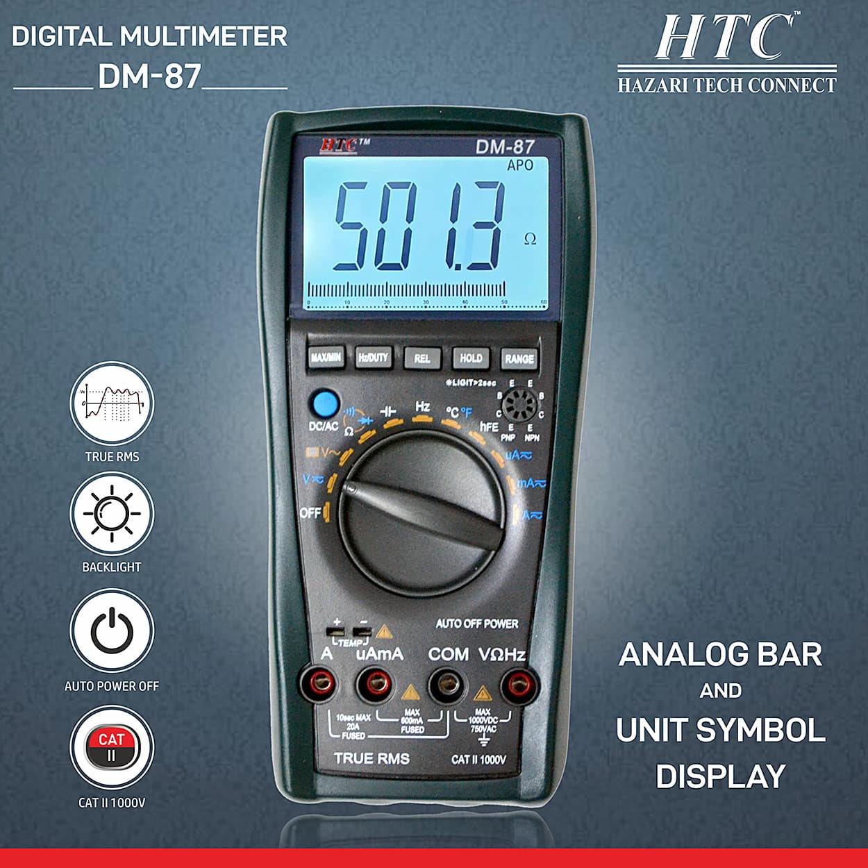 HTC 3-6/7 Digit / 5999 Count True RMS Digital Multimeter With Backlight & VSD, DM-87 — view 3