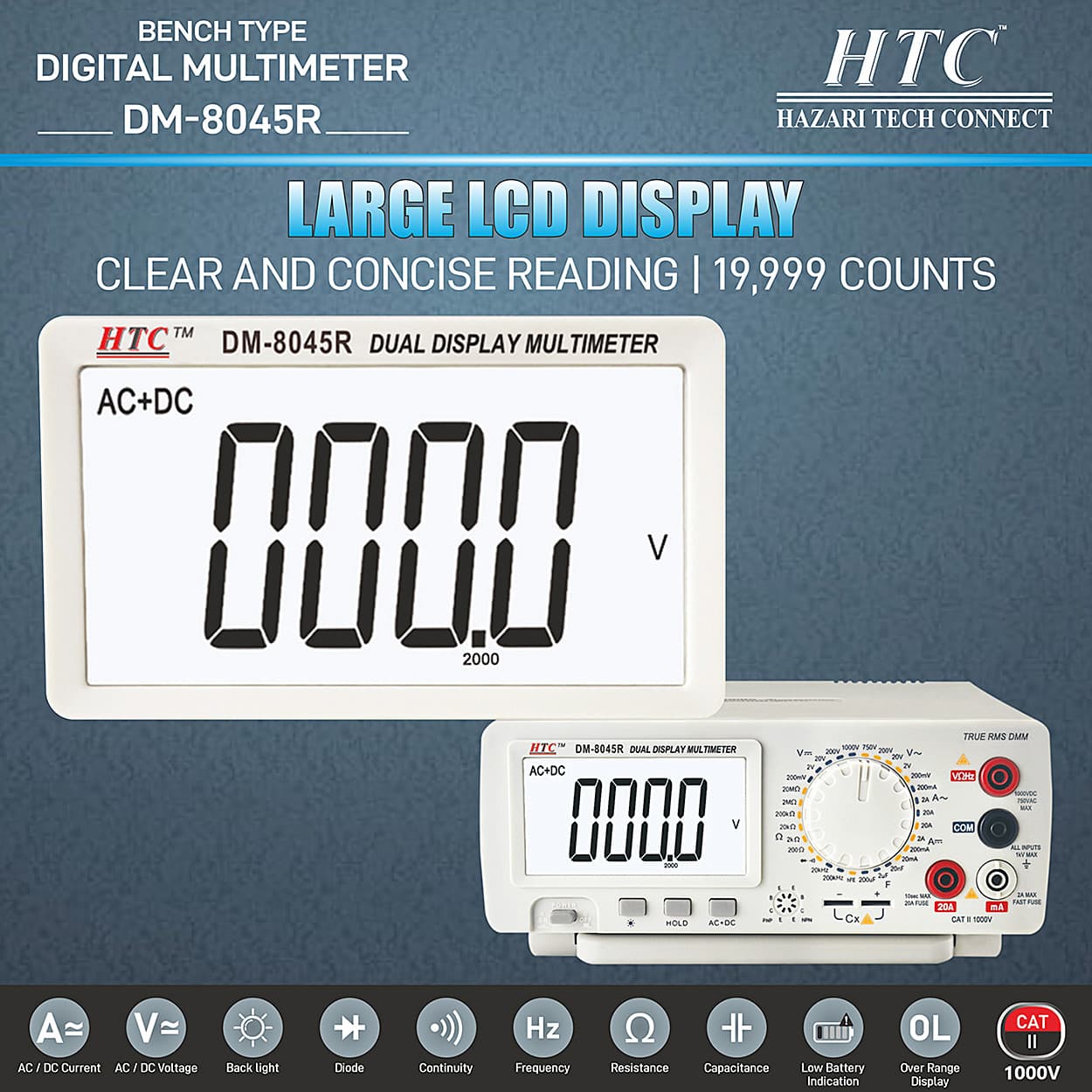 HTC 4-1/2 Digit / 19999 Count True RMS Bench Type Digital Multimeter With Backlight, DM-8045R — view 3