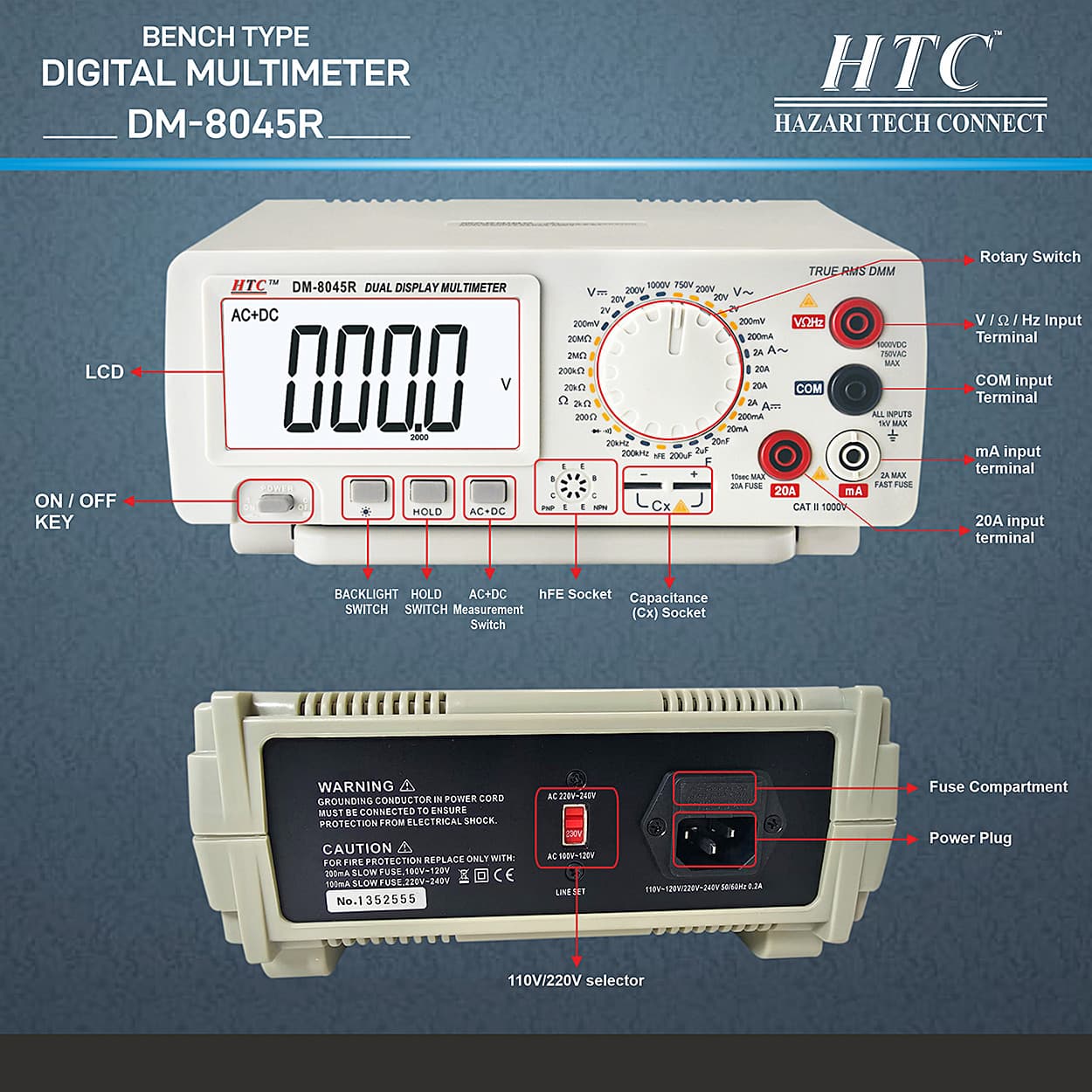 HTC 4-1/2 Digit / 19999 Count True RMS Bench Type Digital Multimeter With Backlight, DM-8045R — view 6