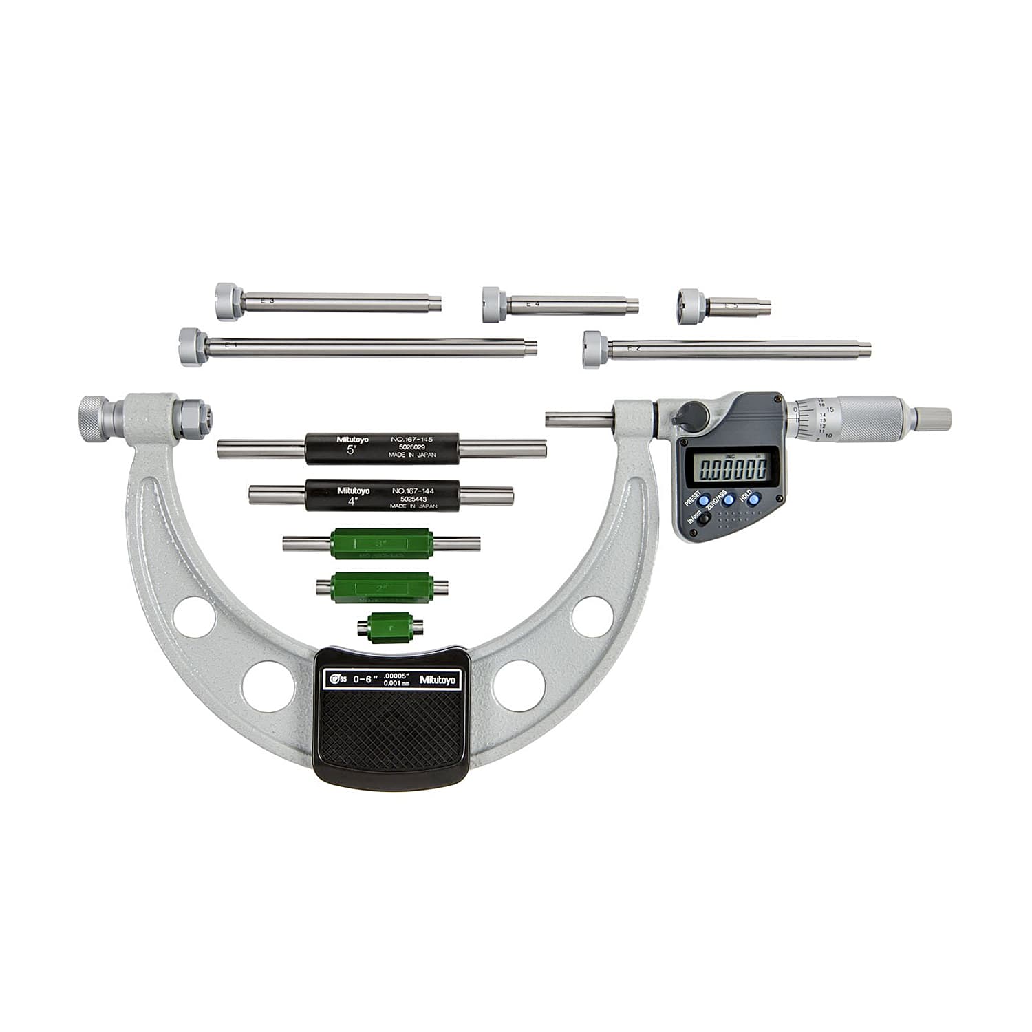 Mitutoyo 6 inch / 152.4 mm Digital Outside Micrometer with 6 Pcs Interchangeable Anvils & 5 Pcs Setting Standards, 340-351-30 — view 1