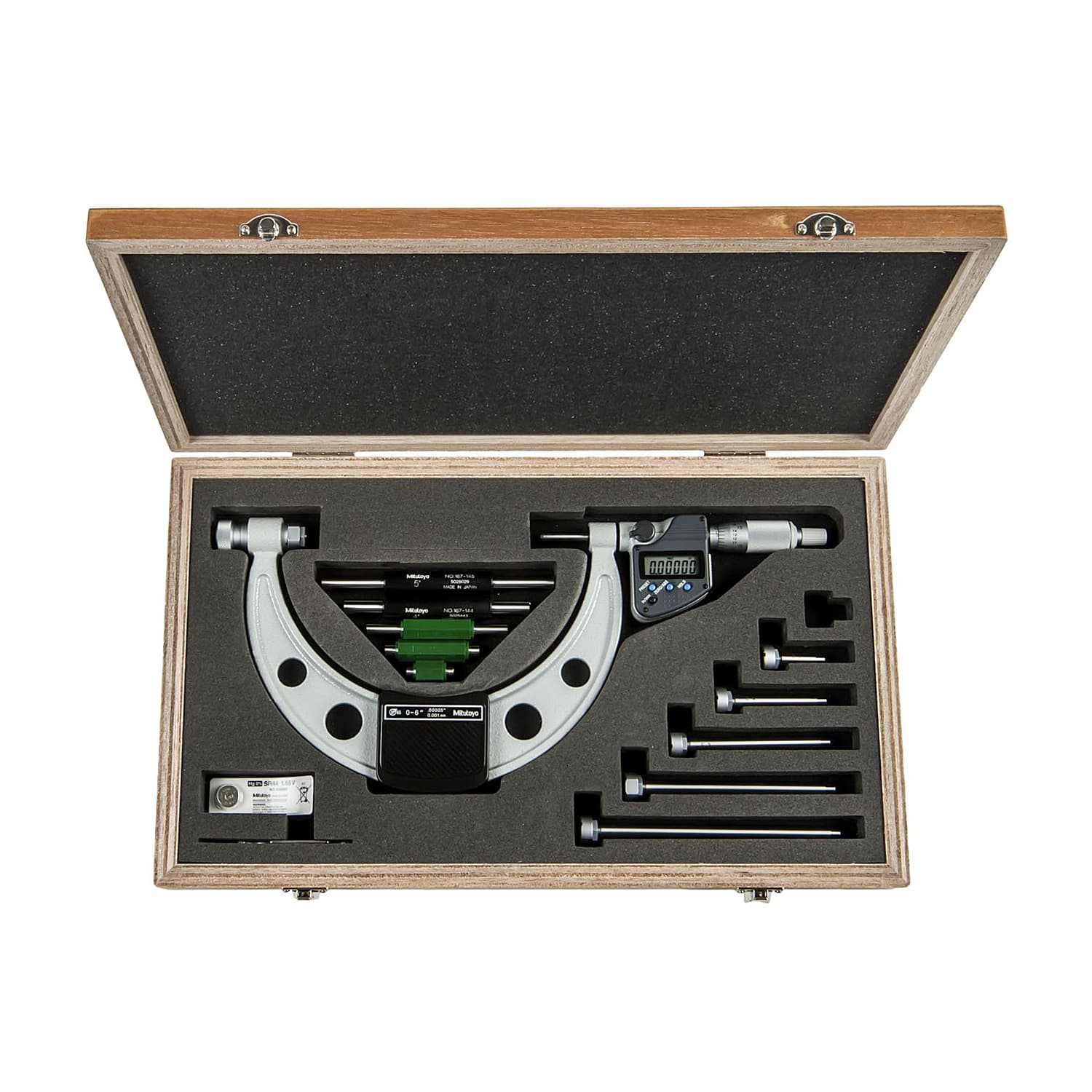 Mitutoyo 6 inch / 152.4 mm Digital Outside Micrometer with 6 Pcs Interchangeable Anvils & 5 Pcs Setting Standards, 340-351-30 — view 2