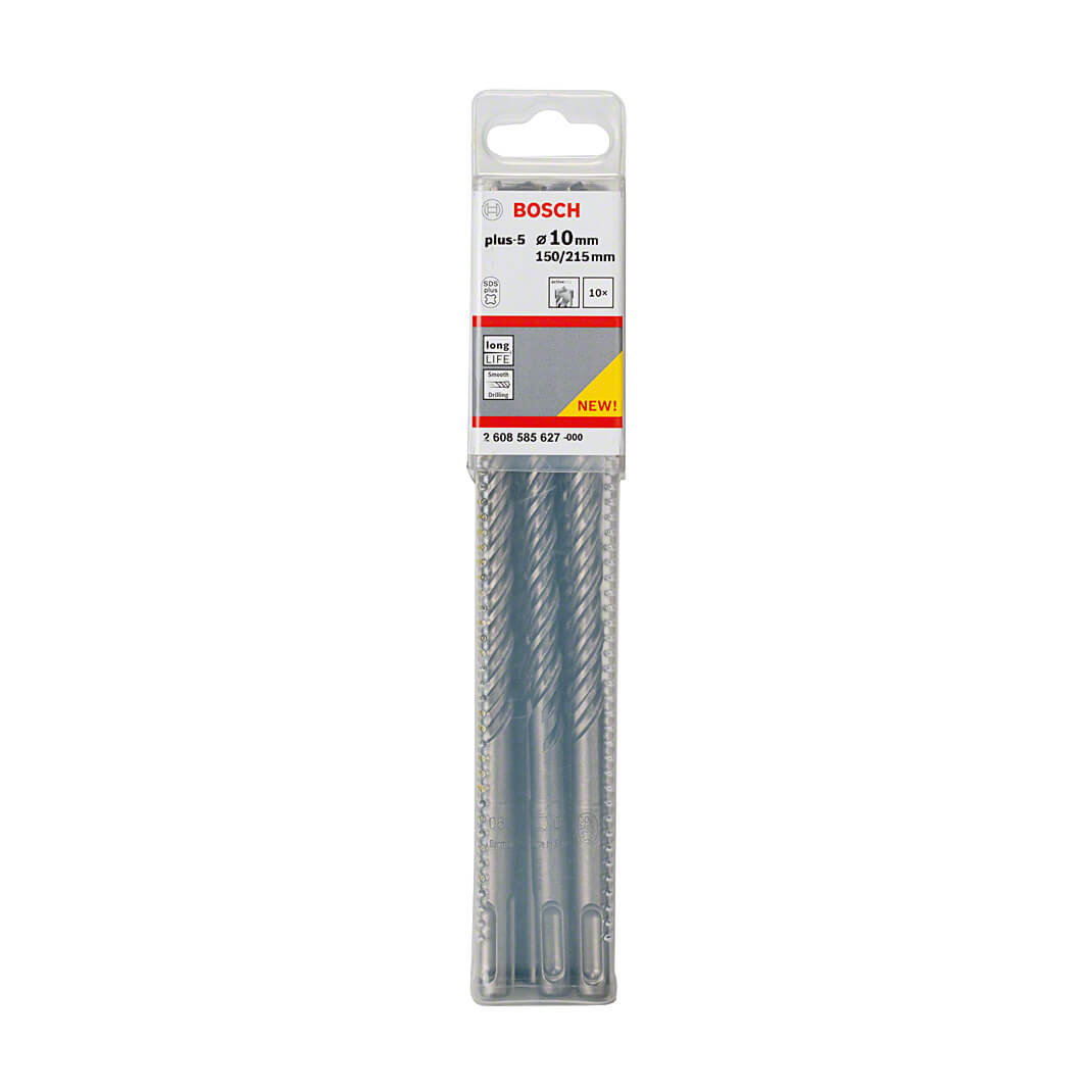 Bosch 10 x 215 mm SDS Plus-5X Hammer Drill Bits (Pack of 10 Pcs), 2 608 585 627