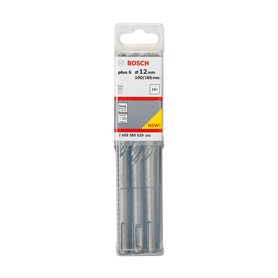 Bosch 12 x 165 mm SDS Plus-5X Hammer Drill Bits (Pack of 10 Pcs), 2 608 585 629
