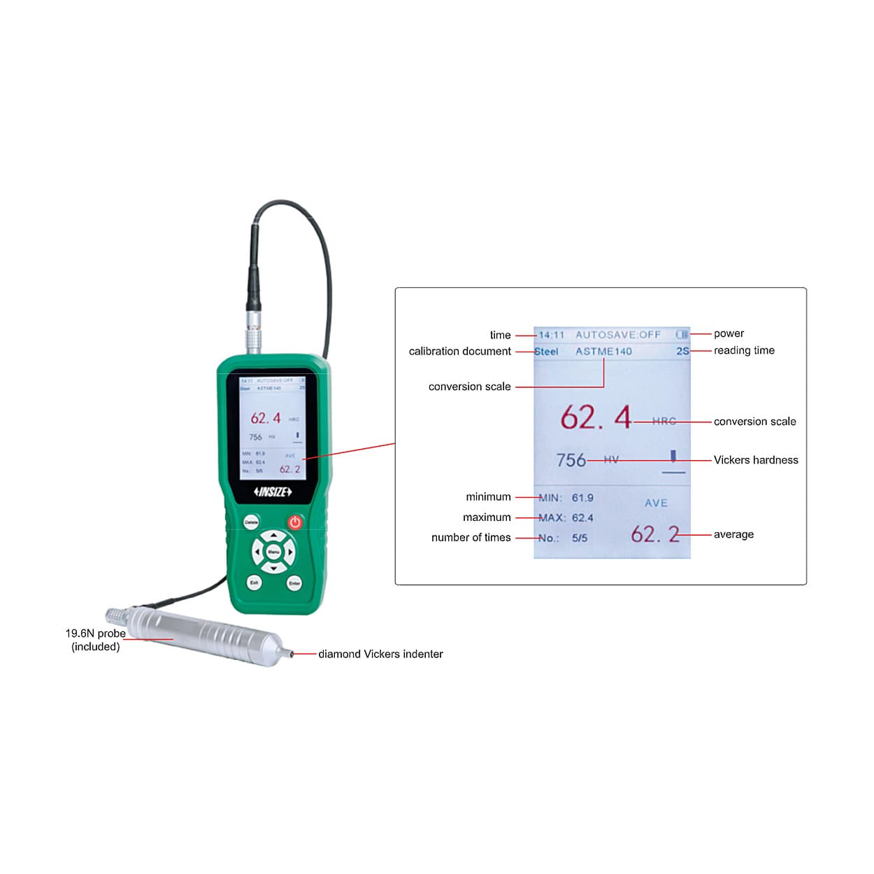Insize -10°C ~ 40°C Ultrasonic Hardness Tester with Bluetooth Printer, 9646-301 — view 2