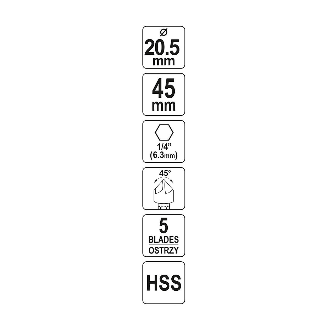 Yato 20.5 mm Dia. HSS Countersink For Metal, YT-44726