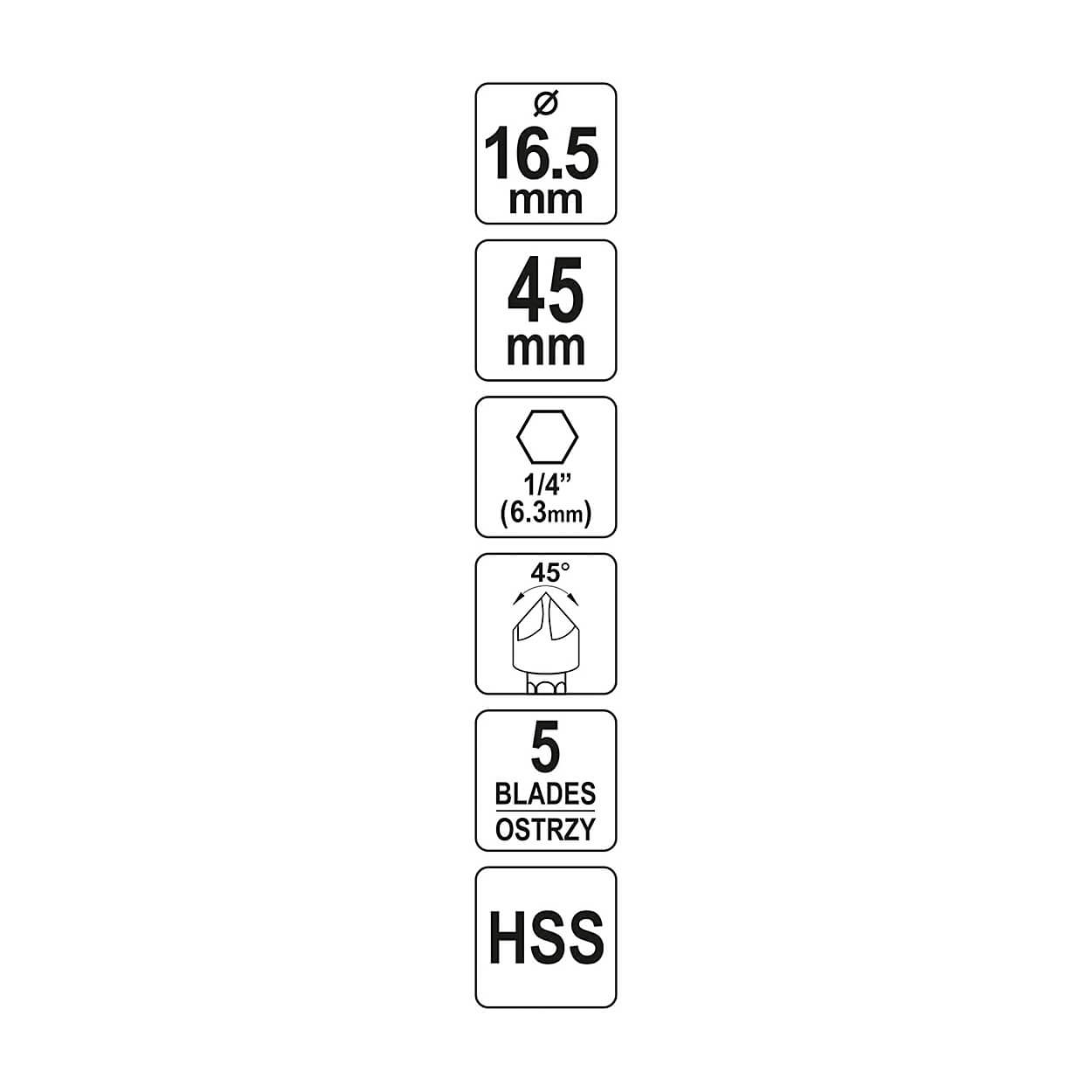 Yato 16.5 mm Dia. HSS Countersink For Metal, YT-44725 — view 3