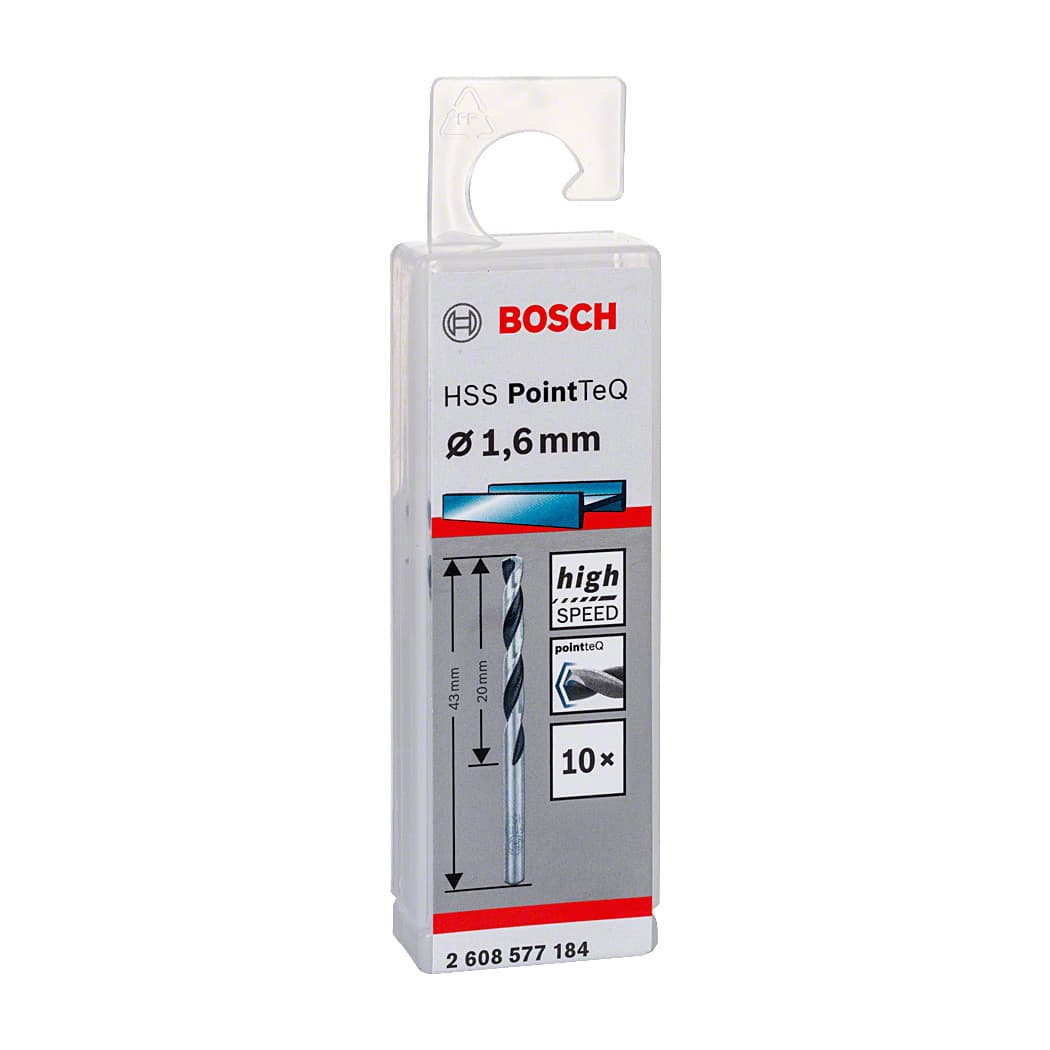 Bosch 1.60 mm HSS Metal Drill Bits PointTeQ Range (Pack of 10 Pcs), 2 608 577 184